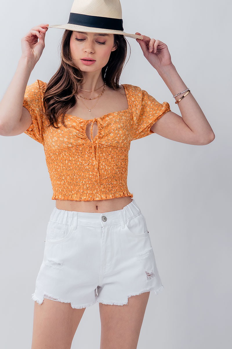 Floral Smocked Puff Sleeve Crop Top in Blue - Women's Wholesale Shirts & Blouses | Trend Notes