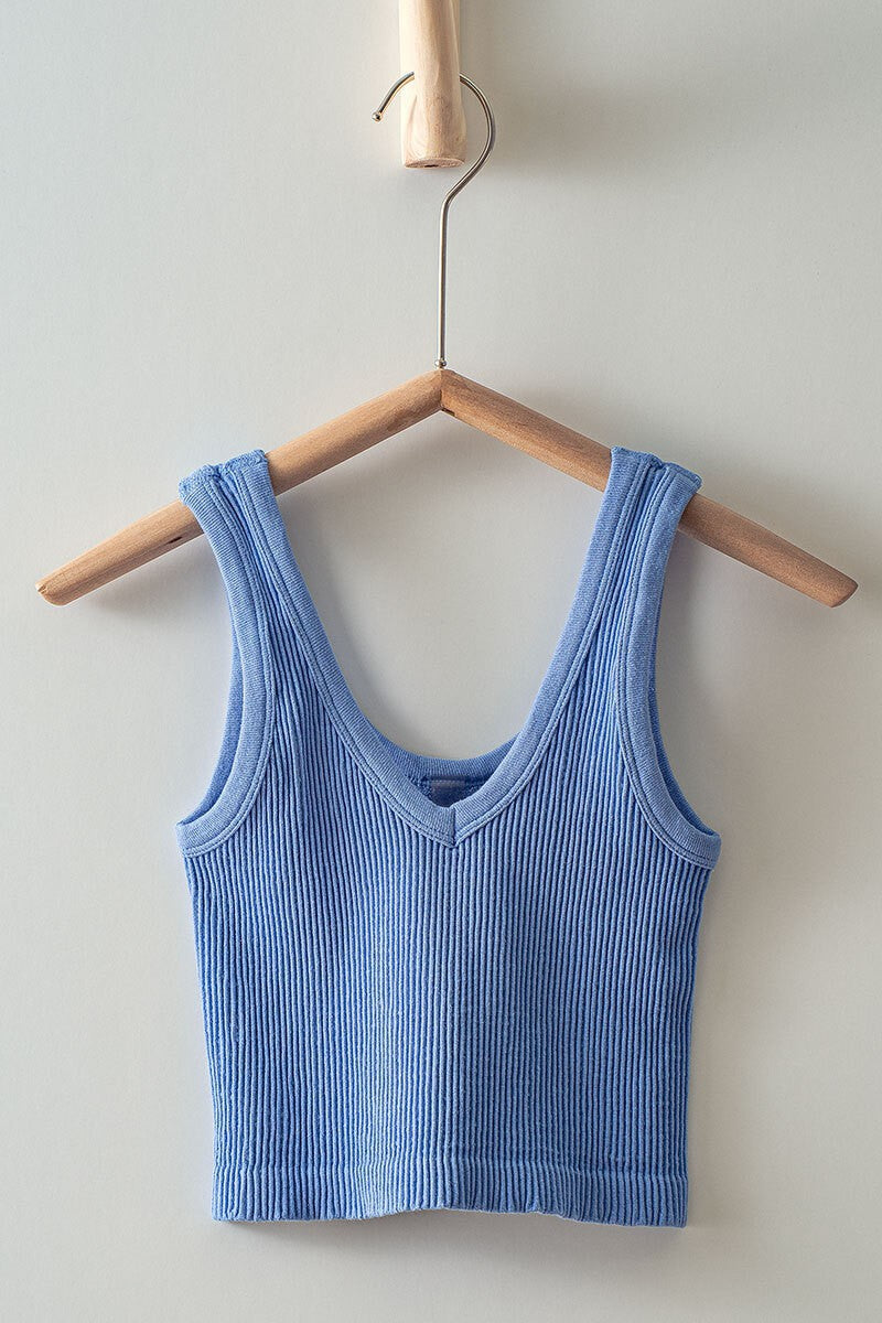 Ribbed Knit Cropped Tank Top with V-Neckline in Blue Fog - Women's Wholesale Tanks & Camis | Trend Notes