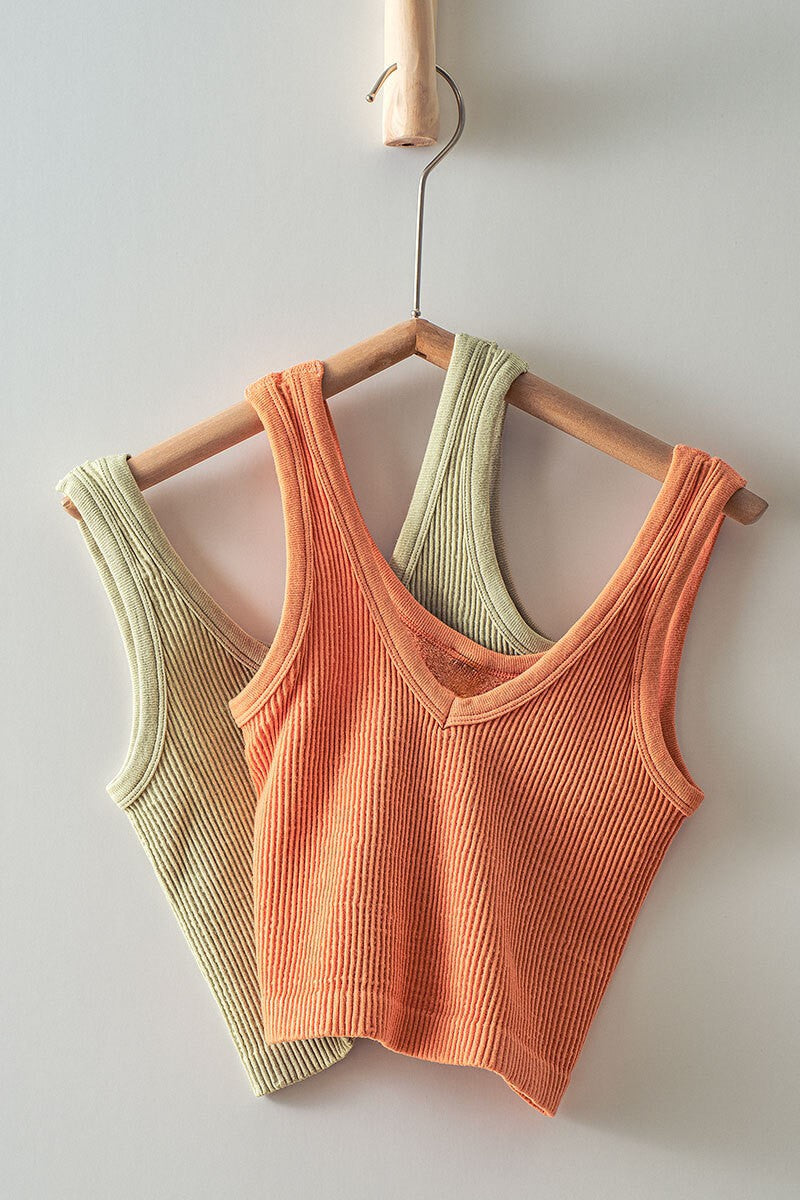 Ribbed Knit Cropped Tank Top with V-Neckline in Pale Grey - Women's Wholesale Tanks & Camis | Trend Notes