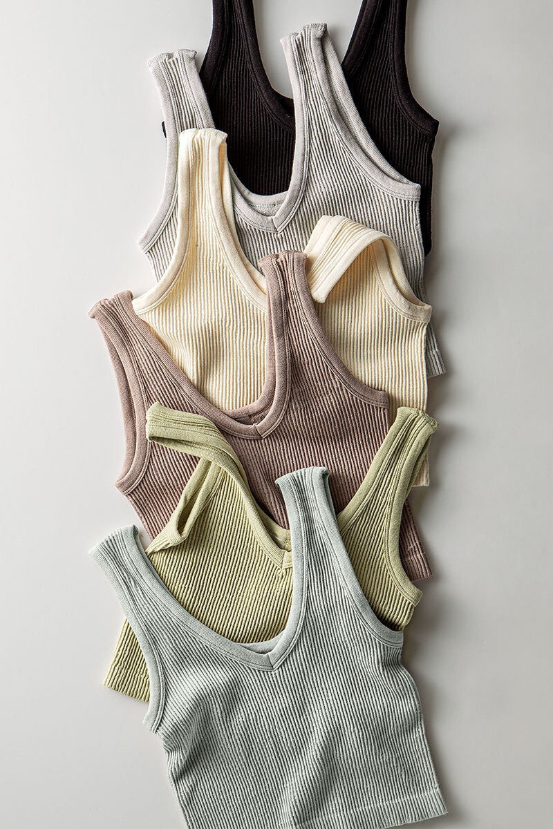 Ribbed Knit Cropped Tank Top with V-Neckline in Pale Grey - Women's Wholesale Tanks & Camis | Trend Notes