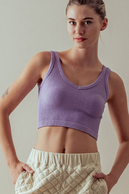 Ribbed Knit Cropped Tank Top with V-Neckline in Purple - Women's Wholesale Tanks & Camis | Trend Notes
