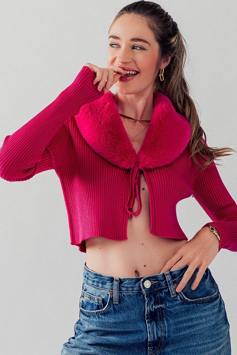 DETACHABLE FUR COOLAR TIE FRONT SHORT CARDIGAN in Fuchsia - Women's Wholesale Cardigans & Shrugs | Trend Notes