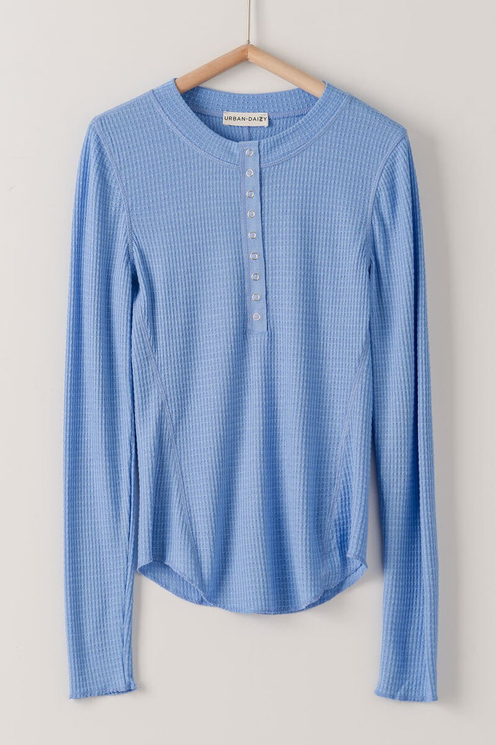 Waffle Knit Long Sleeve Henley Top for Women in Spring Blue - Women's Wholesale T-Shirts & Polos | Trend Notes