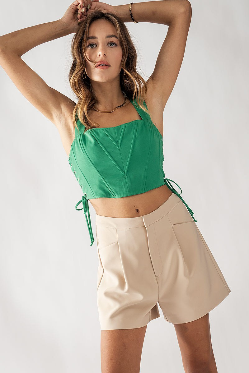 Lace-Up Side Detail Cropped Corset Top in Kelly Green - Women's Wholesale Tanks & Camis | Trend Notes