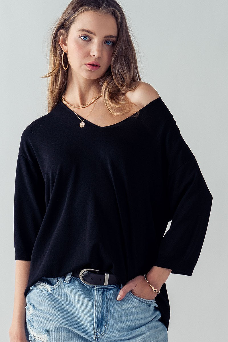 Relaxed Fit V-Neck Summer Casual Top in Black - Women's Wholesale Tunics | Trend Notes