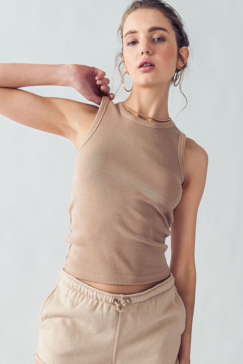 Ribbed Sleeveless Tank Top with Crew Neckline in Timeless Taupe - Women's Wholesale Tanks & Camis | Trend Notes