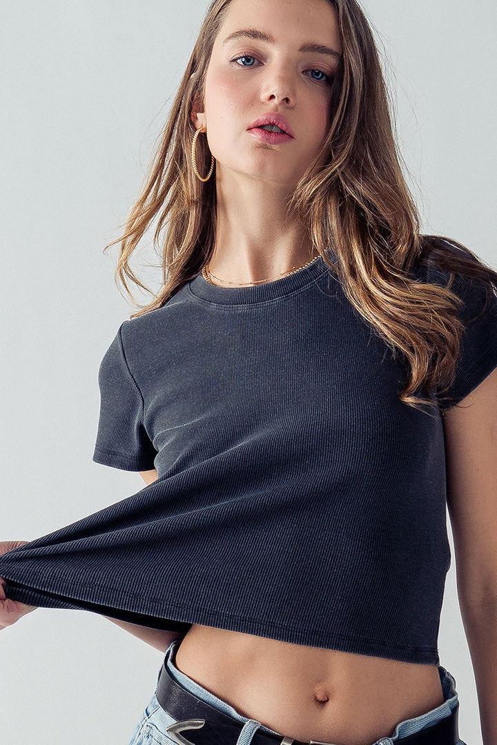 Mineral Wash Classic Short Sleeve Crop Top Tee in Black - Women's Wholesale T-Shirts & Polos | Trend Notes