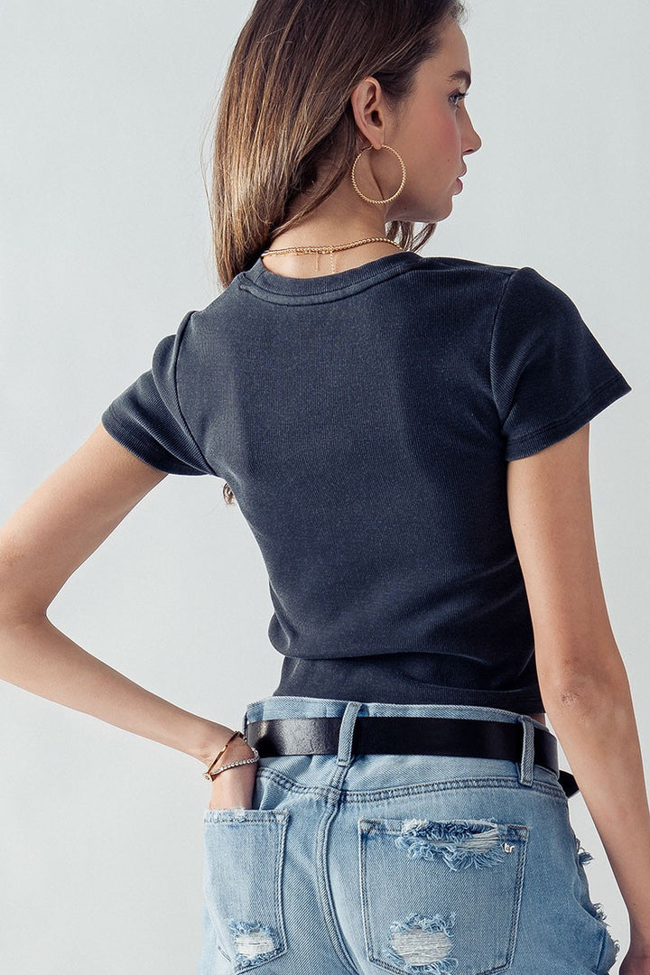 Mineral Wash Classic Short Sleeve Crop Top Tee in Black - Women's Wholesale T-Shirts & Polos | Trend Notes