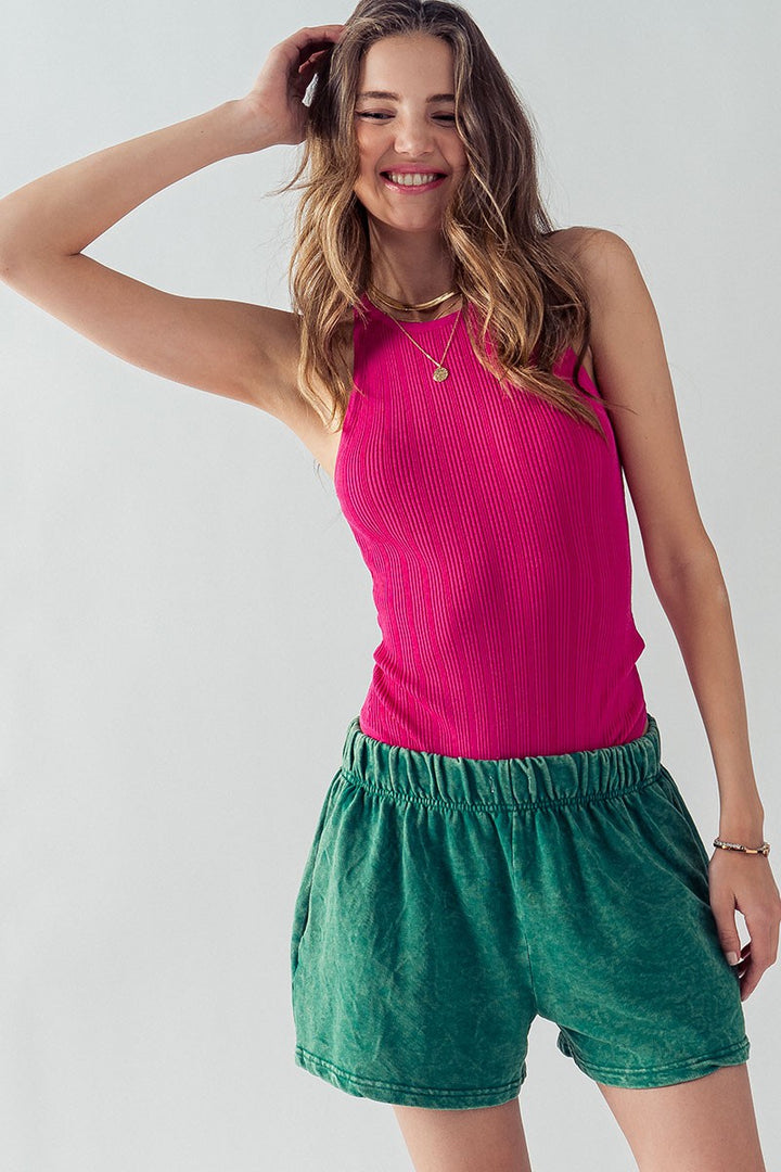 Ribbed High Neck Racerback Sleeveless Bodysuit in Fuchsia - Women's Wholesale Bodysuits | Trend Notes