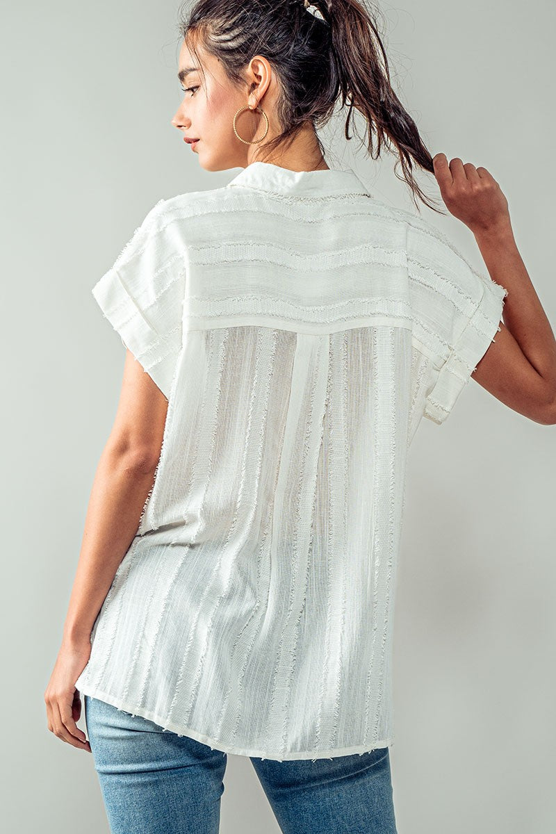 MAEVE TEXTURED STRIPE BUTTON DOWN SHIRT in Mint Ivory - Women's Wholesale Shirts & Blouses | Trend Notes