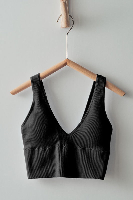 Ribbed V-Neck Crop Top - Removable Padding in Black - Women's Wholesale Tops | Trend Notes