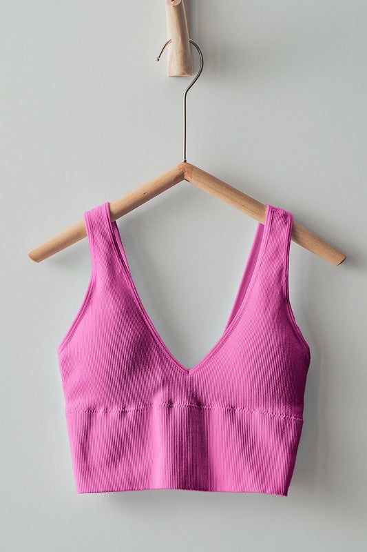 Ribbed V-Neck Crop Top - Removable Padding in Pink - Women's Wholesale Tops | Trend Notes