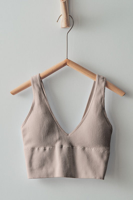 Ribbed V-Neck Crop Top - Removable Padding in Taupe	 - Women's Wholesale Tops | Trend Notes