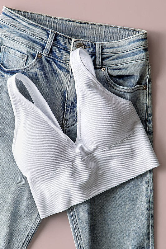 Ribbed V-Neck Crop Top - Removable Padding in White - Women's Wholesale Tops | Trend Notes
