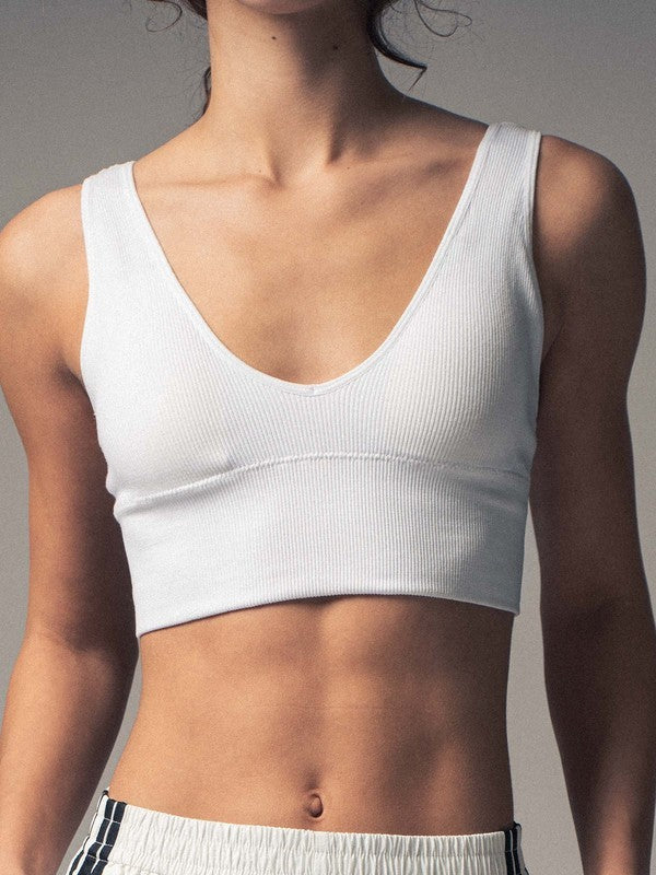 Ribbed V-Neck Crop Top - Removable Padding in White - Women's Wholesale Tops | Trend Notes