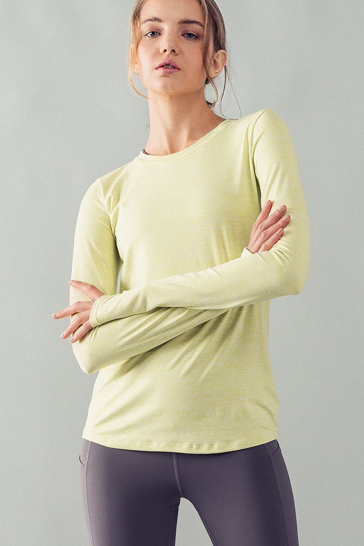 Long Sleeve Active Top with Thumb Holes for Women in Dusty Lime - Women's Wholesale T-Shirts & Polos | Trend Notes