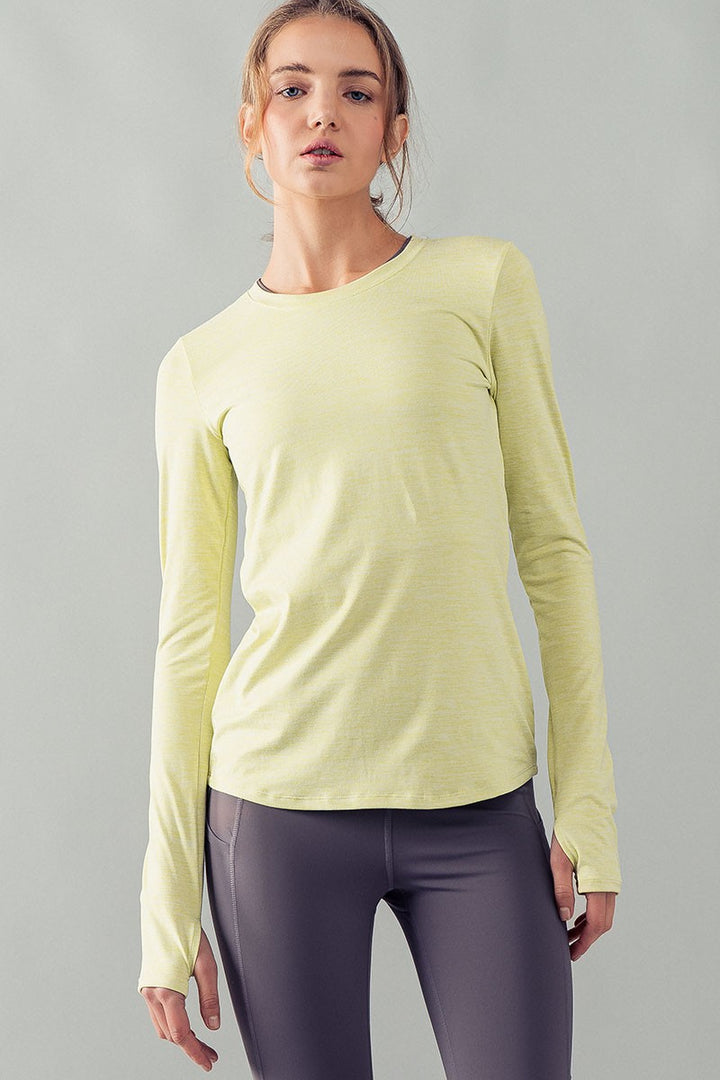 Long Sleeve Active Top with Thumb Holes for Women in Dusty Lime - Women's Wholesale T-Shirts & Polos | Trend Notes