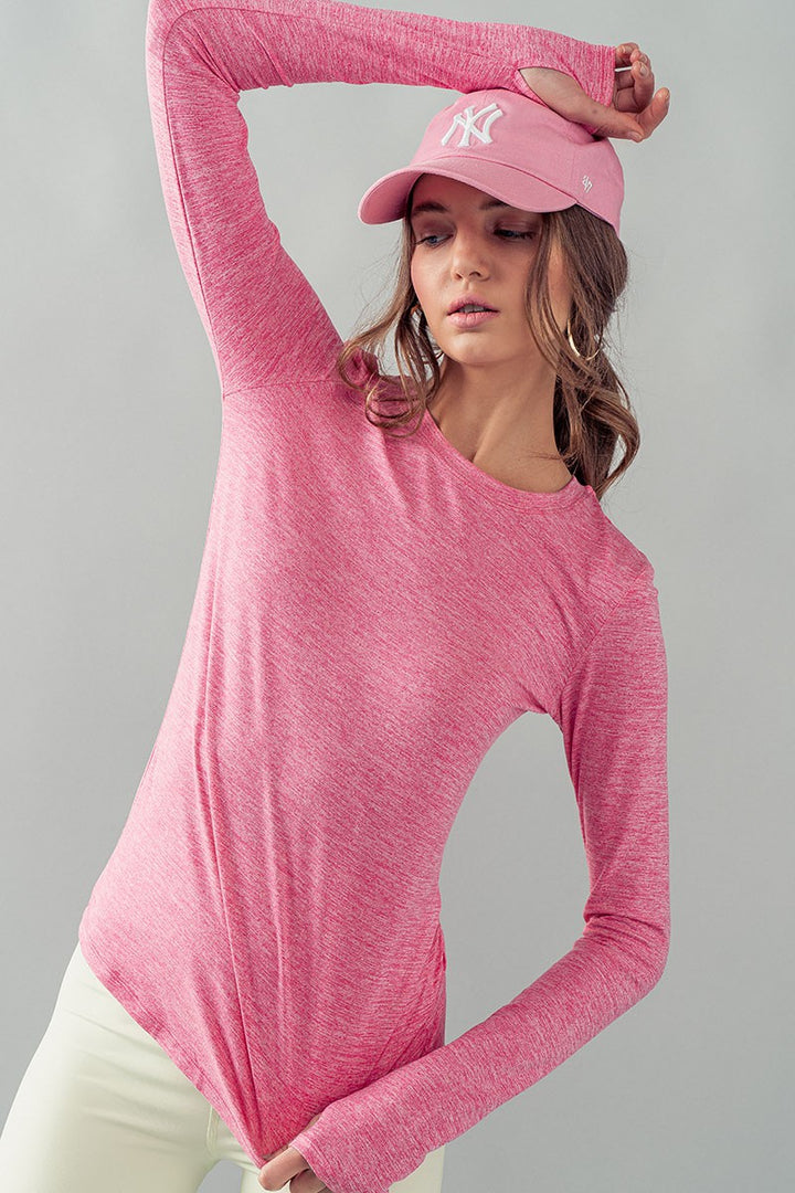 Long Sleeve Active Top with Thumb Holes for Women in Pink - Women's Wholesale T-Shirts & Polos | Trend Notes