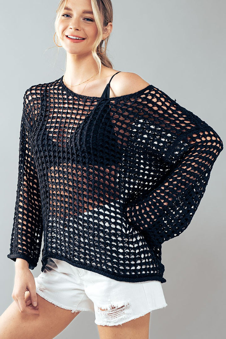 Lightweight Crochet Knit Top for Summer in Black - Women's Wholesale T-Shirts & Polos | Trend Notes