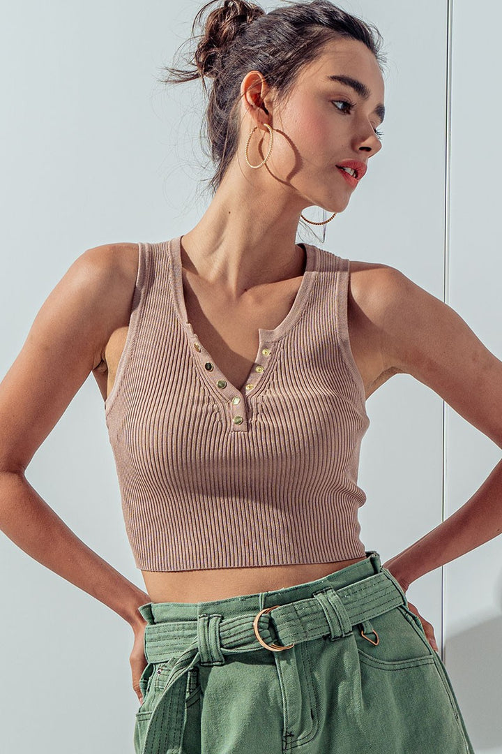 Ribbed Button Detail Cropped Casual Top in Light Taupe - Women's Wholesale Tanks & Camis | Trend Notes