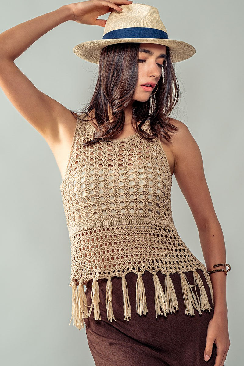 Boho Crochet Fringe Vest Top for Summer in Khaki - Women's Wholesale Tanks & Camis | Trend Notes