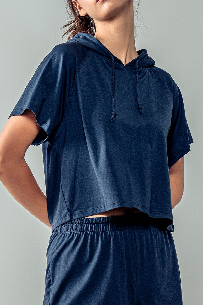 Short Sleeve Cropped Hoodie Top w/Drawstring Hood in Navy - Women's Wholesale Sweatshirts & Hoodies | Trend Notes
