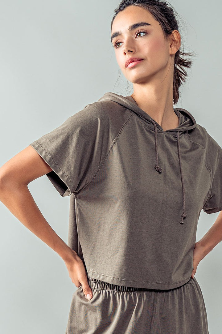 Short Sleeve Cropped Hoodie Top w/Drawstring Hood in Olive - Women's Wholesale Sweatshirts & Hoodies | Trend Notes