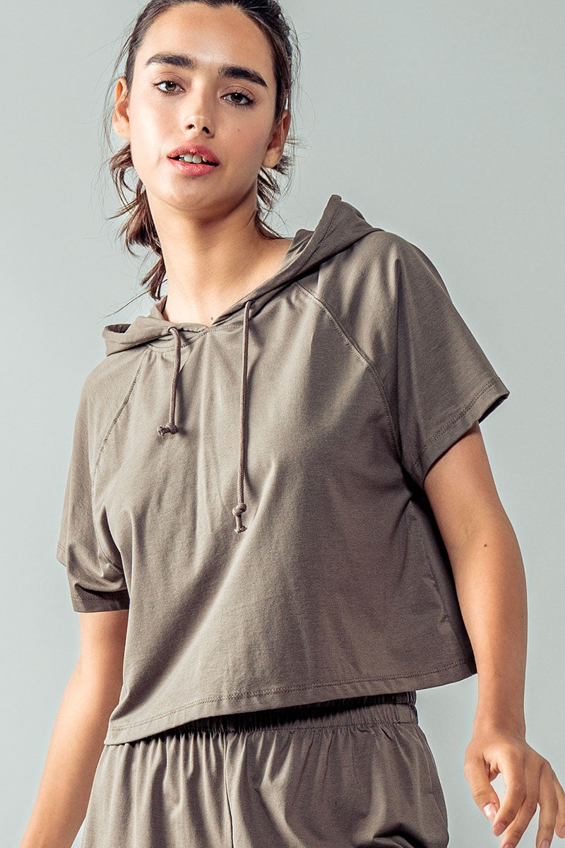 Short Sleeve Cropped Hoodie Top w/Drawstring Hood in Olive - Women's Wholesale Sweatshirts & Hoodies | Trend Notes