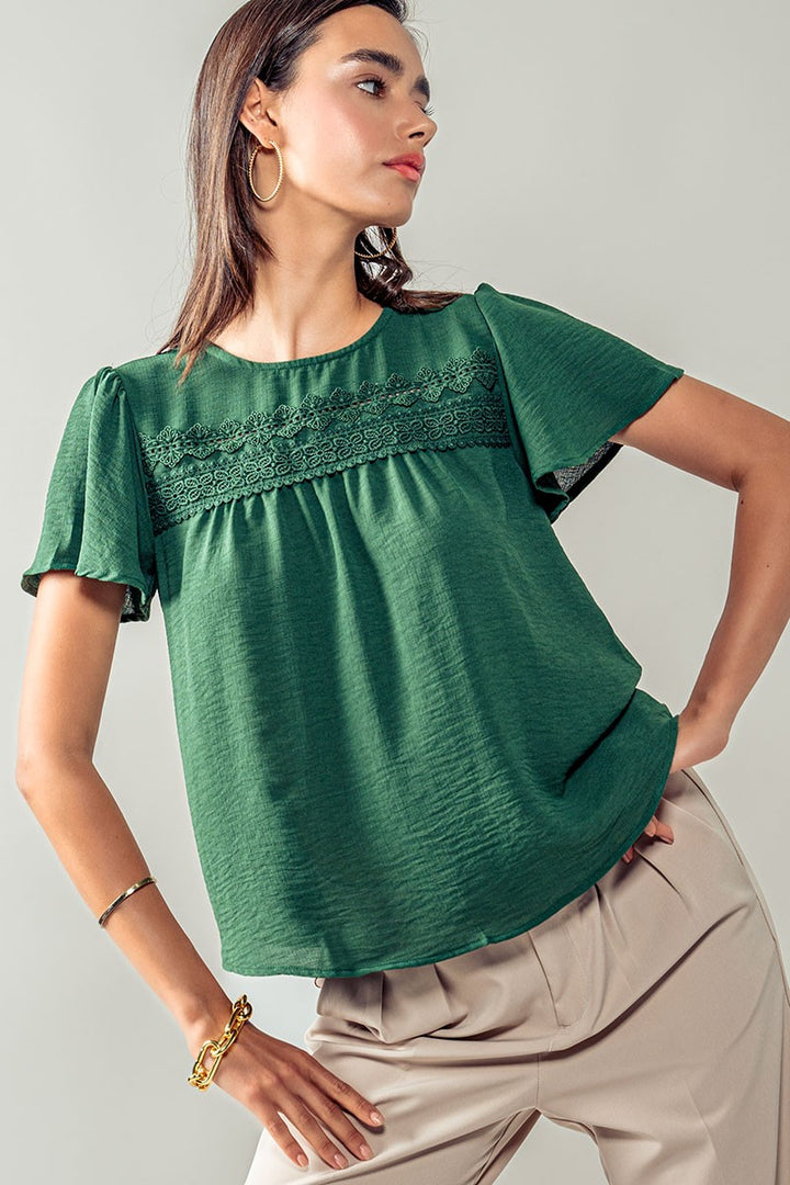 Crochet Yoke Flutter Sleeve Casual Tops in Hunter Green - Women's Wholesale Shirts & Blouses | Trend Notes