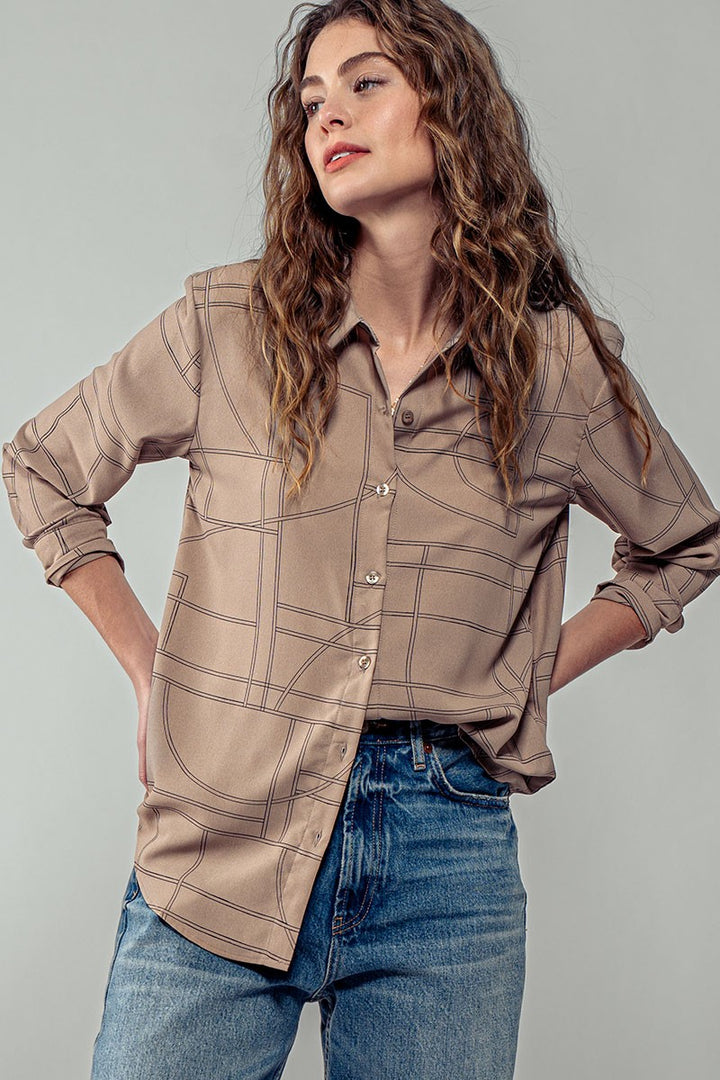 Elusive Pattern Button Up Long Sleeve Shirt in Mocha - Women's Wholesale Shirts & Blouses | Trend Notes