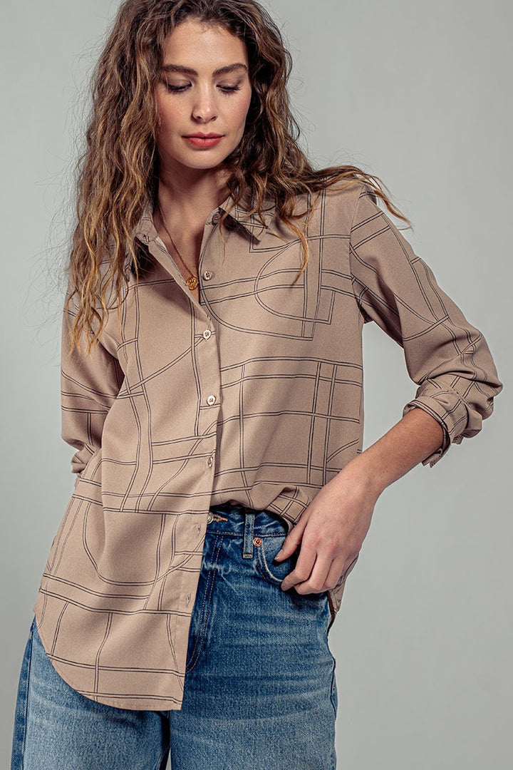 Elusive Pattern Button Up Long Sleeve Shirt in Mocha - Women's Wholesale Shirts & Blouses | Trend Notes
