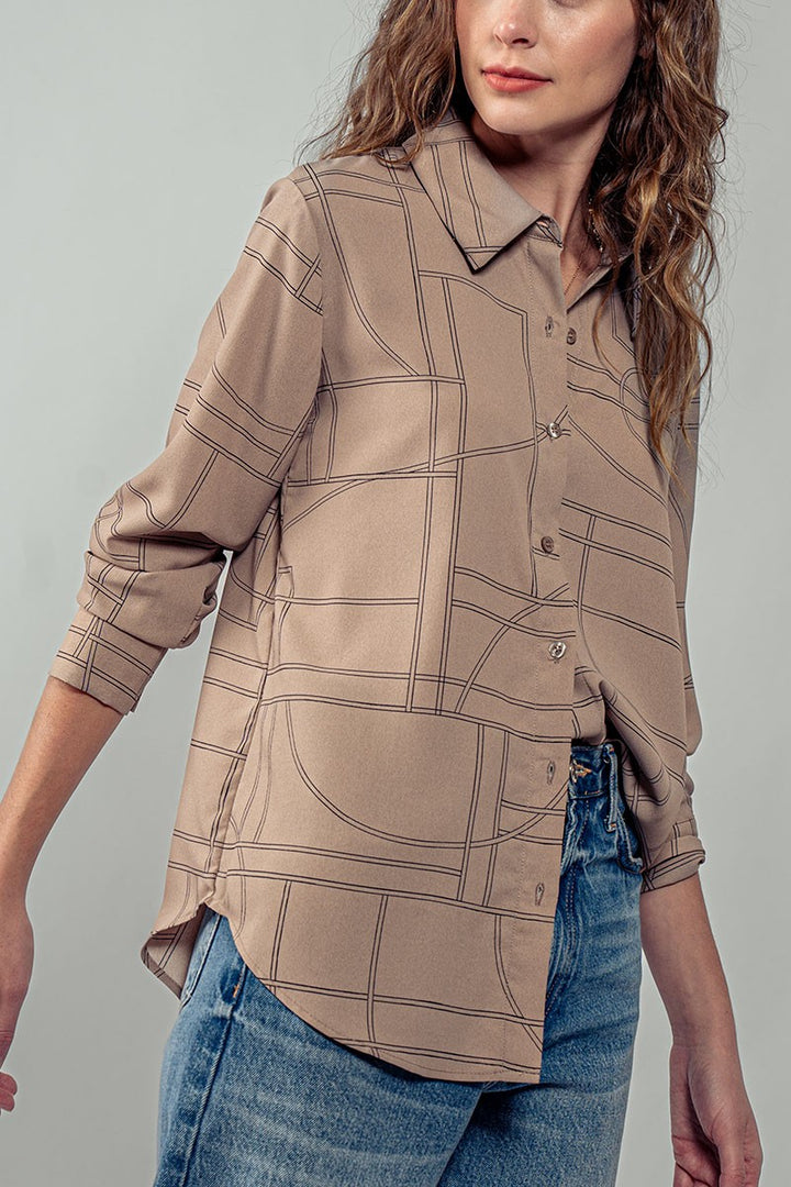 Elusive Pattern Button Up Long Sleeve Shirt in Mocha - Women's Wholesale Shirts & Blouses | Trend Notes