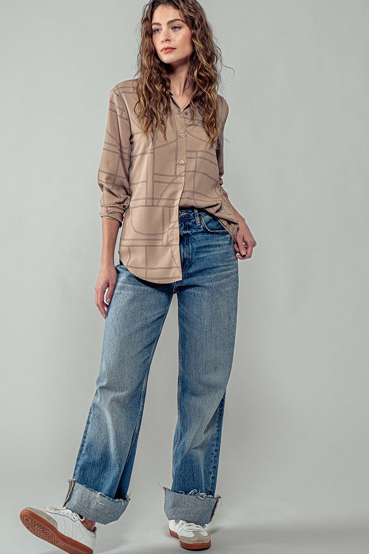Elusive Pattern Button Up Long Sleeve Shirt in Mocha - Women's Wholesale Shirts & Blouses | Trend Notes