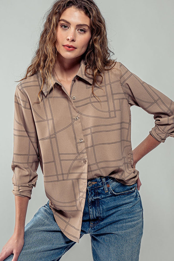 Elusive Pattern Button Up Long Sleeve Shirt in Mocha - Women's Wholesale Shirts & Blouses | Trend Notes