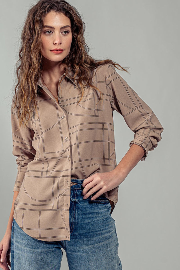 Elusive Pattern Button Up Long Sleeve Shirt in Mocha - Women's Wholesale Shirts & Blouses | Trend Notes