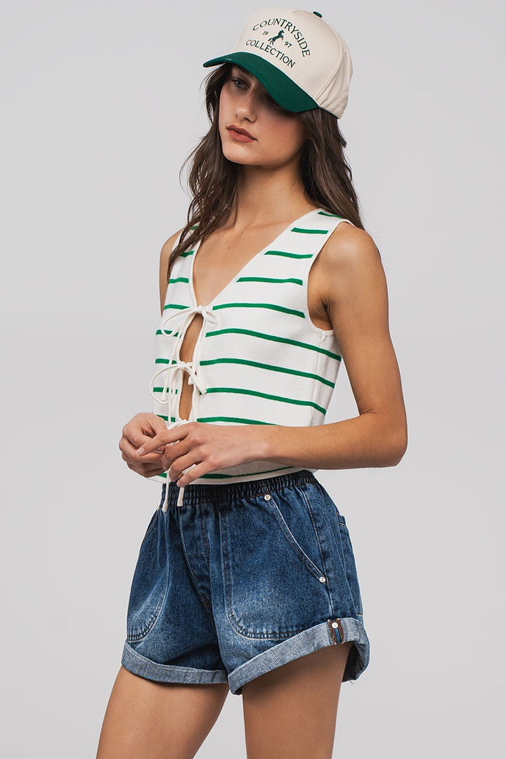 Striped Tie-Front Sleeveless Knit Crop Top in Ivory/green - Women's Wholesale Tanks & Camis | Trend Notes
