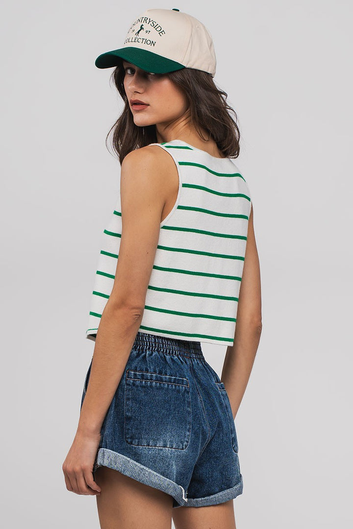 Striped Tie-Front Sleeveless Knit Crop Top in Ivory/green - Women's Wholesale Tanks & Camis | Trend Notes