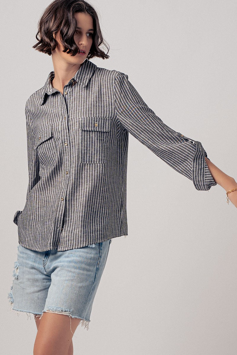 Original Striped Dress Shirt in Black - Women's Wholesale Shirts & Blouses | Trend Notes