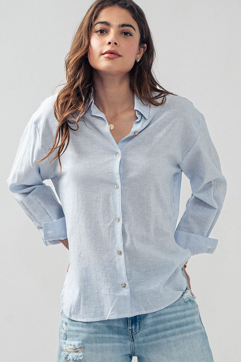 Work to Play Pinstriped Button Up Shirt in Blue - Women's Wholesale Shirts & Blouses | Trend Notes