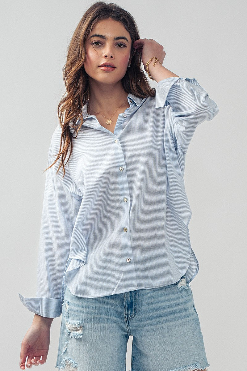 Work to Play Pinstriped Button Up Shirt in Blue - Women's Wholesale Shirts & Blouses | Trend Notes