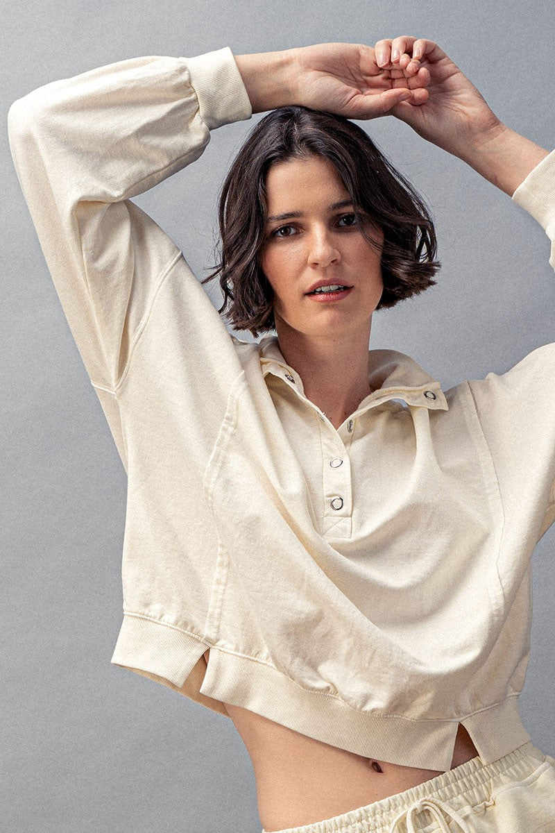 Vintage Wash Snap-Front Sweatshirt in Ivory - Women's Wholesale Sweatshirts & Hoodies | Trend Notes