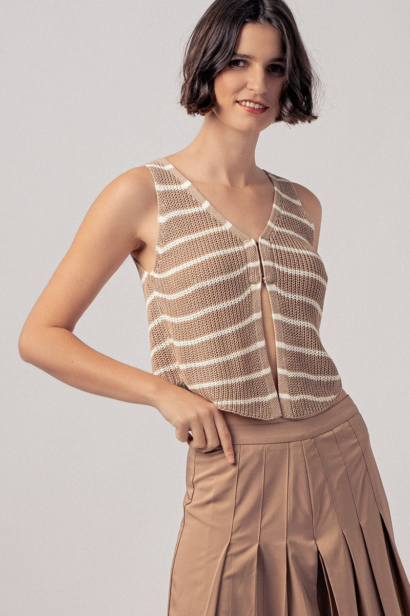 Nautical Stripe Knit Tank with Split Front  in Taupe/white - Women's Wholesale Tanks & Camis | Trend Notes