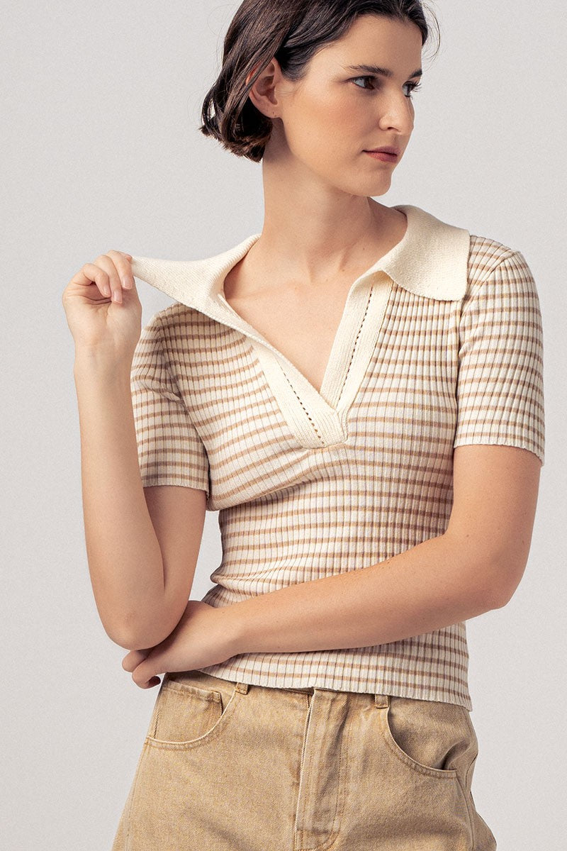 Retro Stripe Polo Knit Top with Contrast Collar in Lt Khaki - Women's Wholesale T-Shirts & Polos | Trend Notes