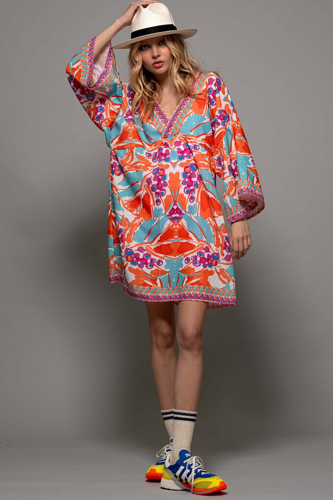 Coral Reef V-Neck Woven Dress in Orange - Women's Wholesale Tunics | Trend Notes