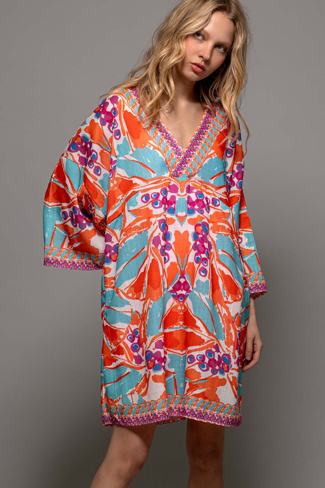 Coral Reef V-Neck Woven Dress in Orange - Women's Wholesale Tunics | Trend Notes