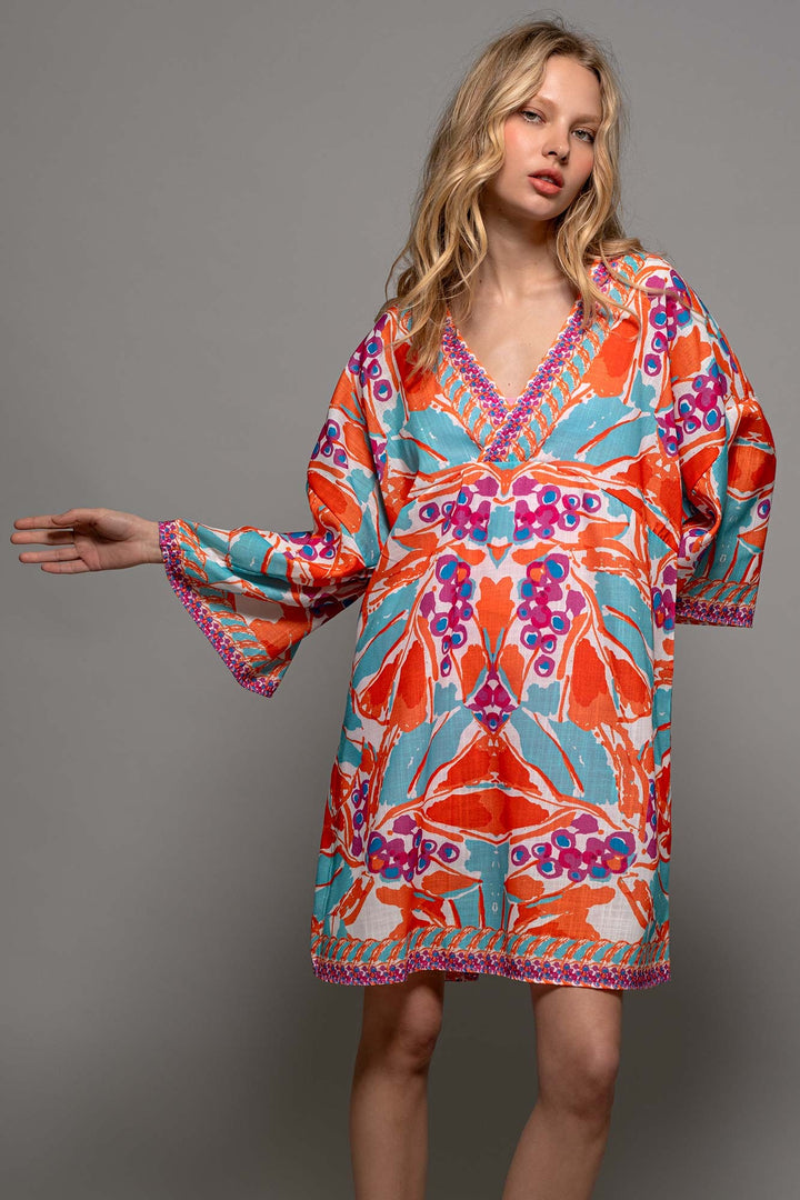 Coral Reef V-Neck Woven Dress in Orange - Women's Wholesale Tunics | Trend Notes