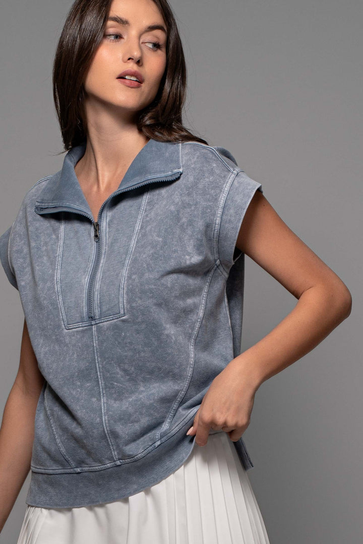 Mineral Wash Modern Minimalist Half-Zip Sweatshirt in Indigo Blue - Women's Wholesale Sweatshirts & Hoodies | Trend Notes