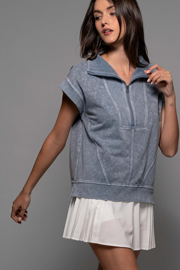 Mineral Wash Modern Minimalist Half-Zip Sweatshirt in Indigo Blue - Women's Wholesale Sweatshirts & Hoodies | Trend Notes
