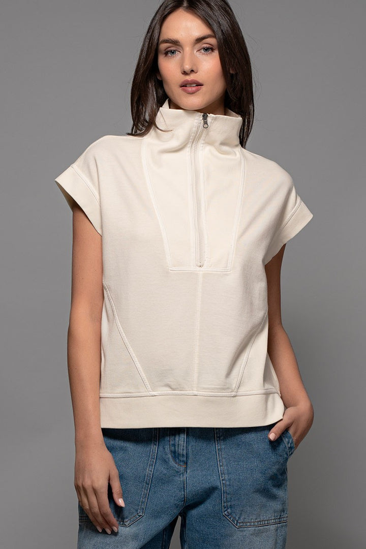 Mineral Wash Modern Minimalist Half-Zip Sweatshirt in Ivory - Women's Wholesale Sweatshirts & Hoodies | Trend Notes