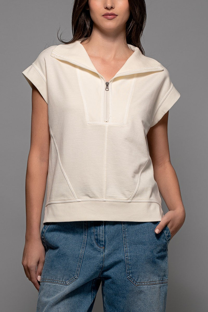 Mineral Wash Modern Minimalist Half-Zip Sweatshirt in Ivory - Women's Wholesale Sweatshirts & Hoodies | Trend Notes